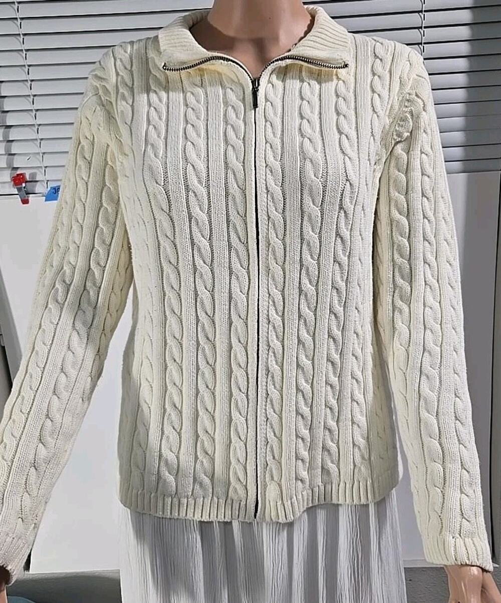 L.L.Bean Womens Medium Cable Knit Full Zip Sweater Ivory 100% Cotton Cardigan